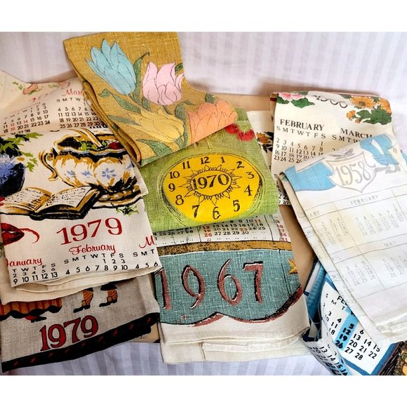 Vintage Calendar Dish Towel Lot Linen Printed Assorted Years Floral 25x15 Inches - Picture 1 of 16